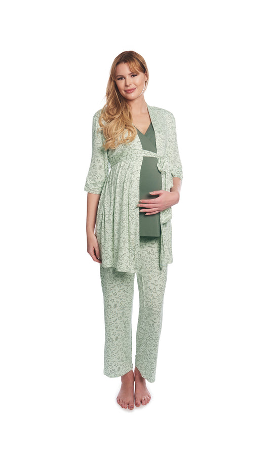 Sage Doodle Analise 3-Piece Set. Pregnant woman wearing 3/4 sleeve robe, tank top and pant with one hand under belly.