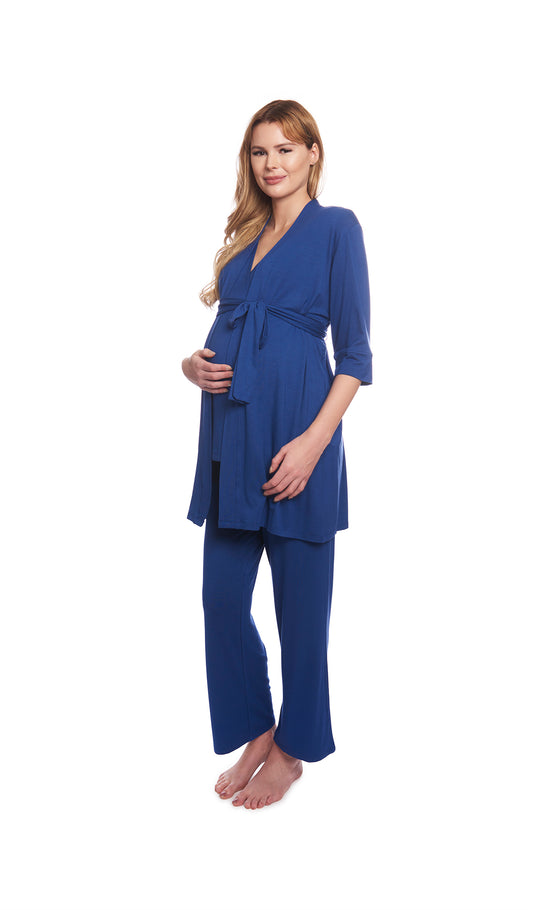 Denim Blue Analise 3-Piece Set. Pregnant woman wearing 3/4 sleeve robe, tank top and pant with one hand on belly.