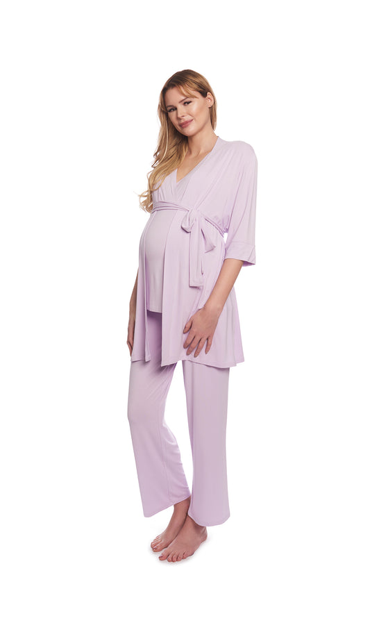Lavender Analise 3-Piece Set. Pregnant woman wearing 3/4 sleeve robe, tank top and pant.