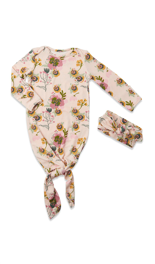 Camellia Knotted Gown 2-Piece flat shot showing long sleeve baby gown with hem tied into a tie-knot bow and matching headwrap.