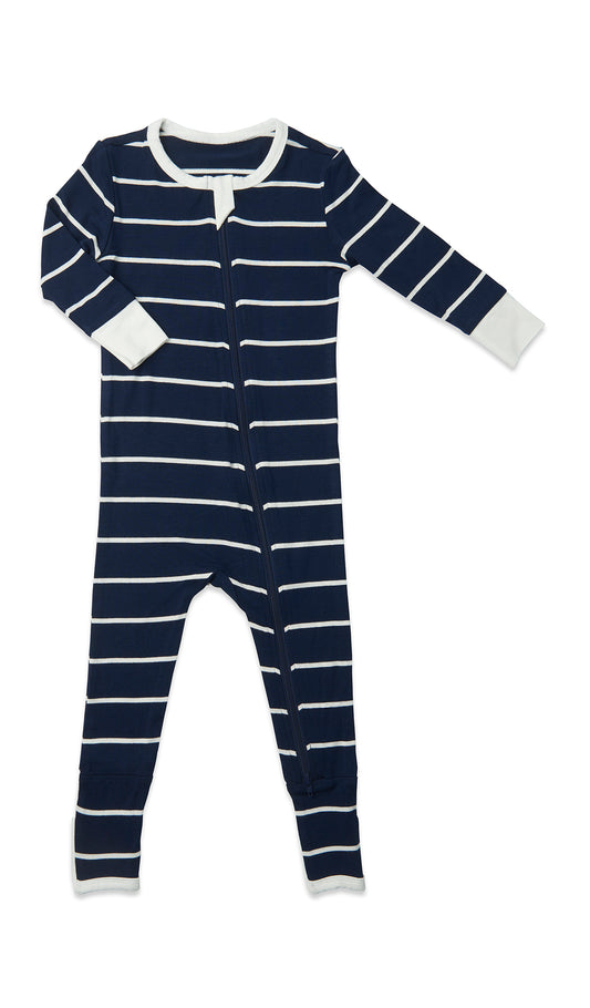 Navy Convertible Romper with long sleeves and zip front.