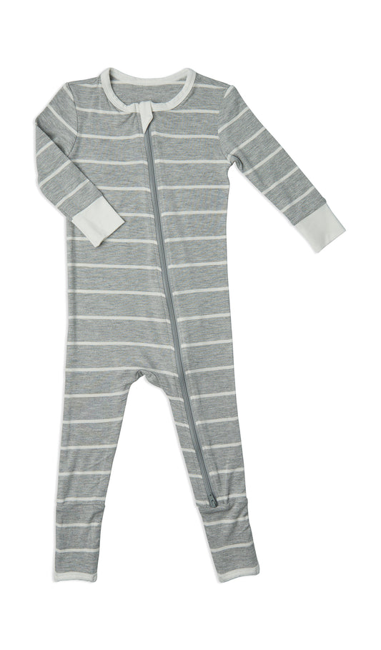 Heather Grey Stripe Convertible Romper with long sleeves and zip front.