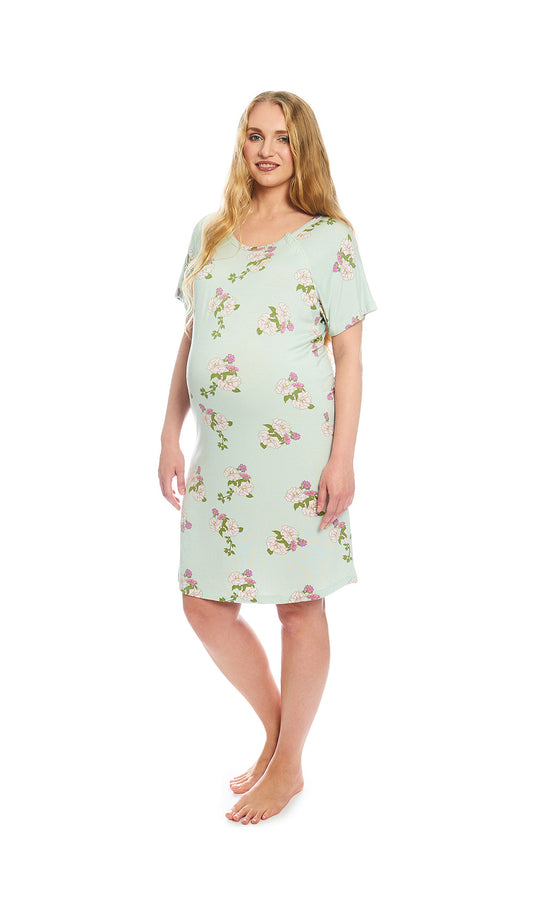 Peony Rosa hospital gown. Pregnant woman wearing hospital gown with scoop-neckline featuring dual snap openings.