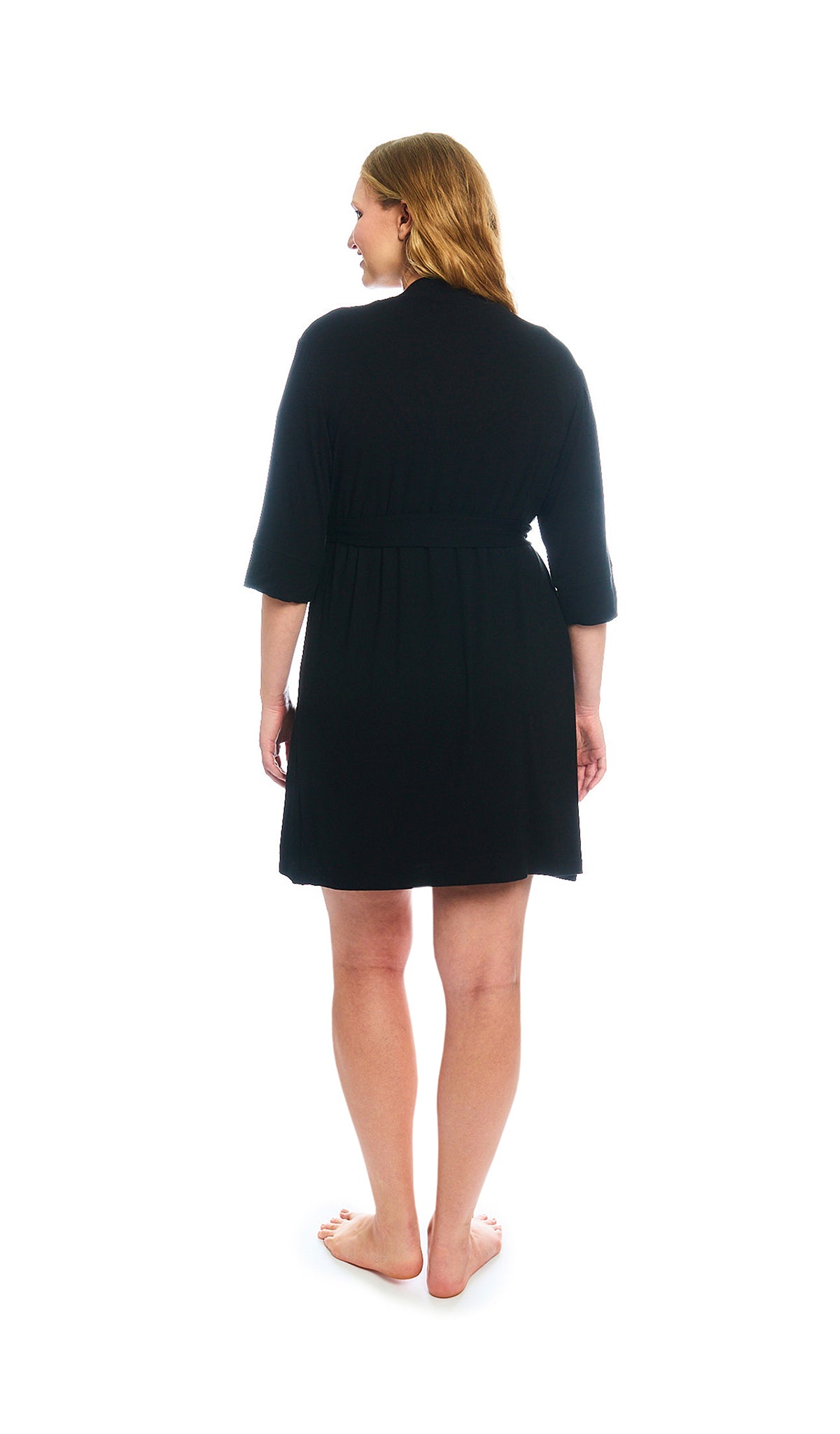 Black Elia 2-Piece Set, back shot of woman wearing 3/4 sleeve robe.