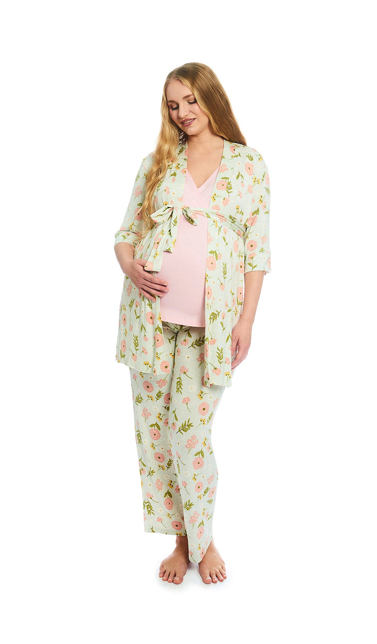 Carnation Analise 3-Piece Set. Pregnant woman wearing 3/4 sleeve robe, tank top and pant and one hand on belly.