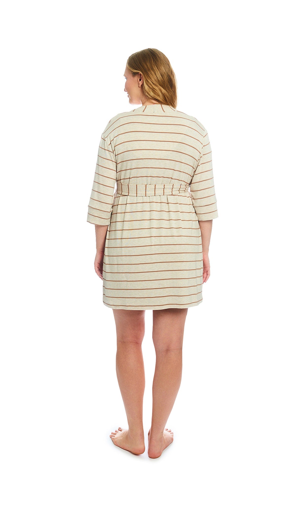 Mocha Stripe Carolyn 2-Piece Set, back shot of woman wearing 3/4 sleeve robe.