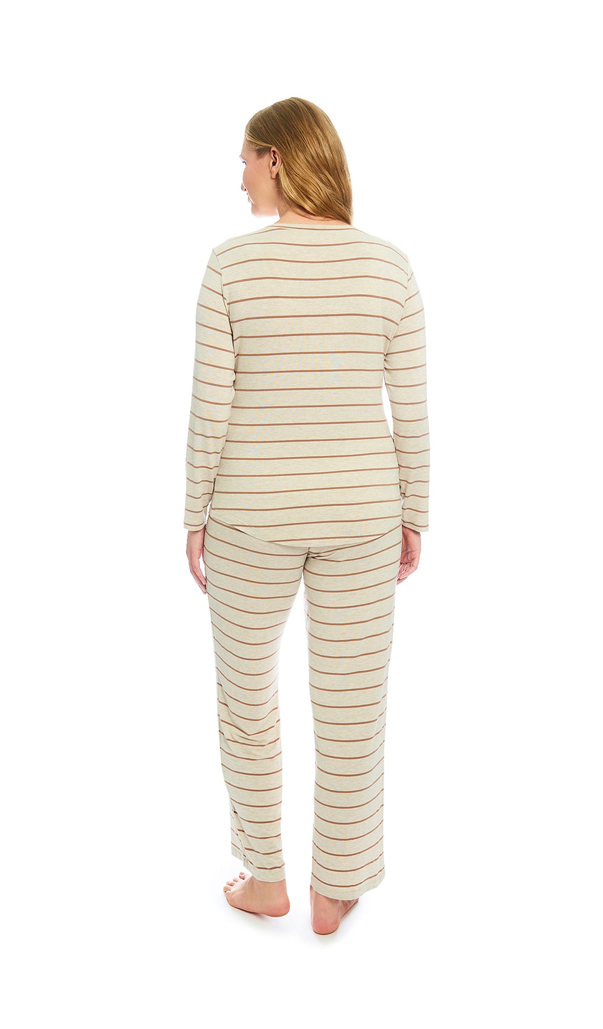 Mocha Stripe Laina 2-Piece Set. Back shot of woman wearing long sleeve top and pant.