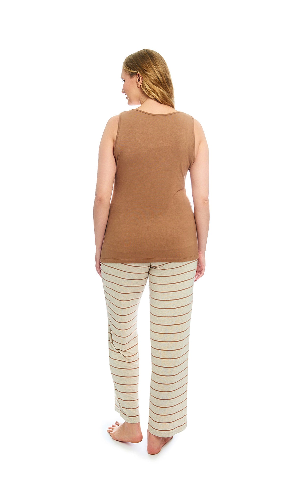 Mocha Stripe Analise 3-Piece Set, back shot of woman wearing tank top and pant.