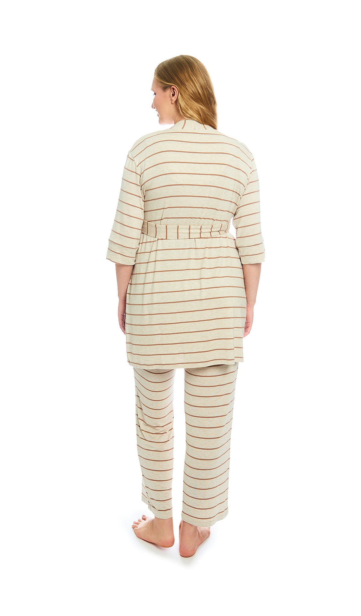 Mocha Stripe Analise 3-Piece Set, back shot of woman wearing robe and pant.