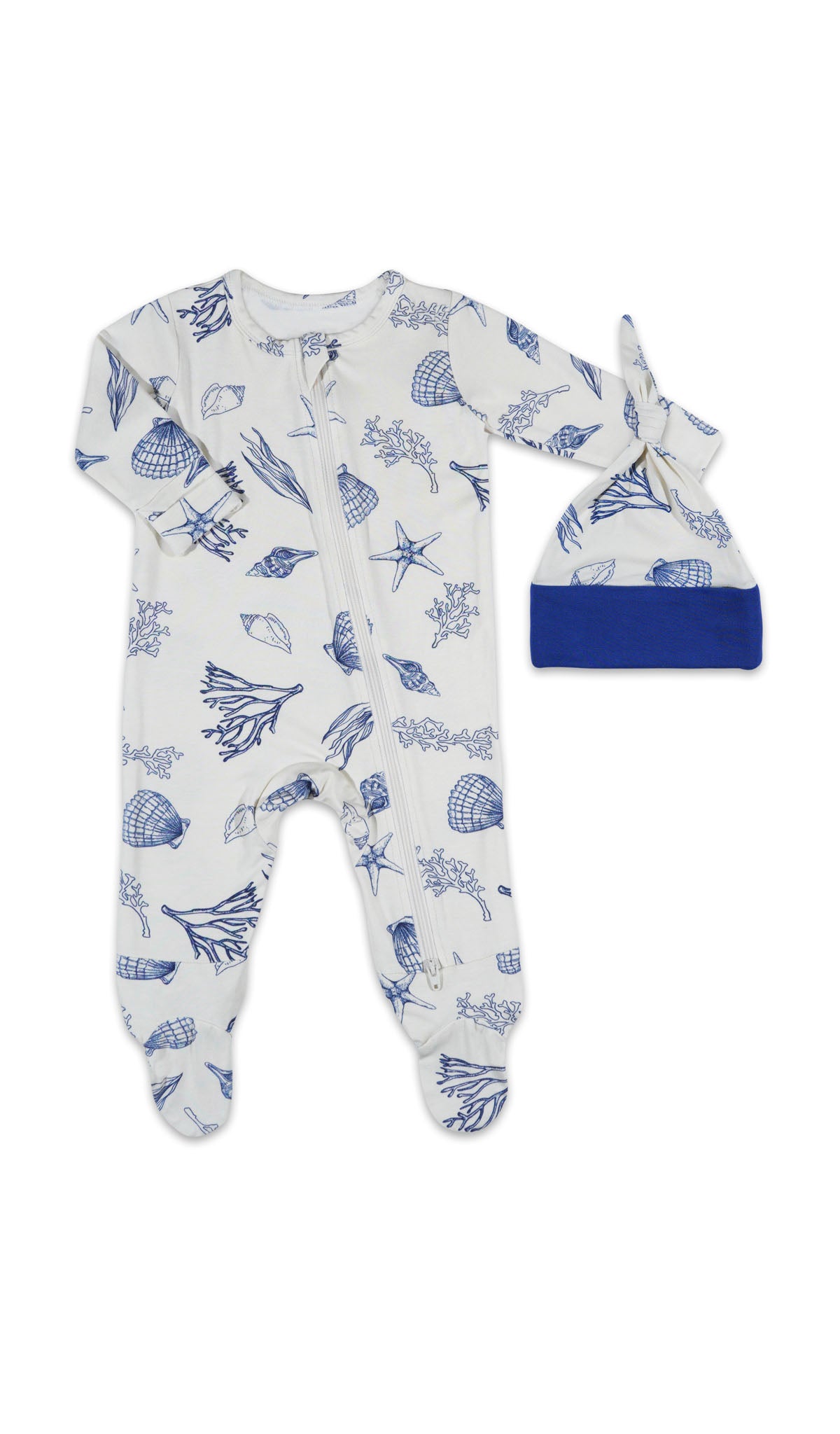 Coastal Footie 2-Piece with long sleeves, zip front and matching knotted baby hat.