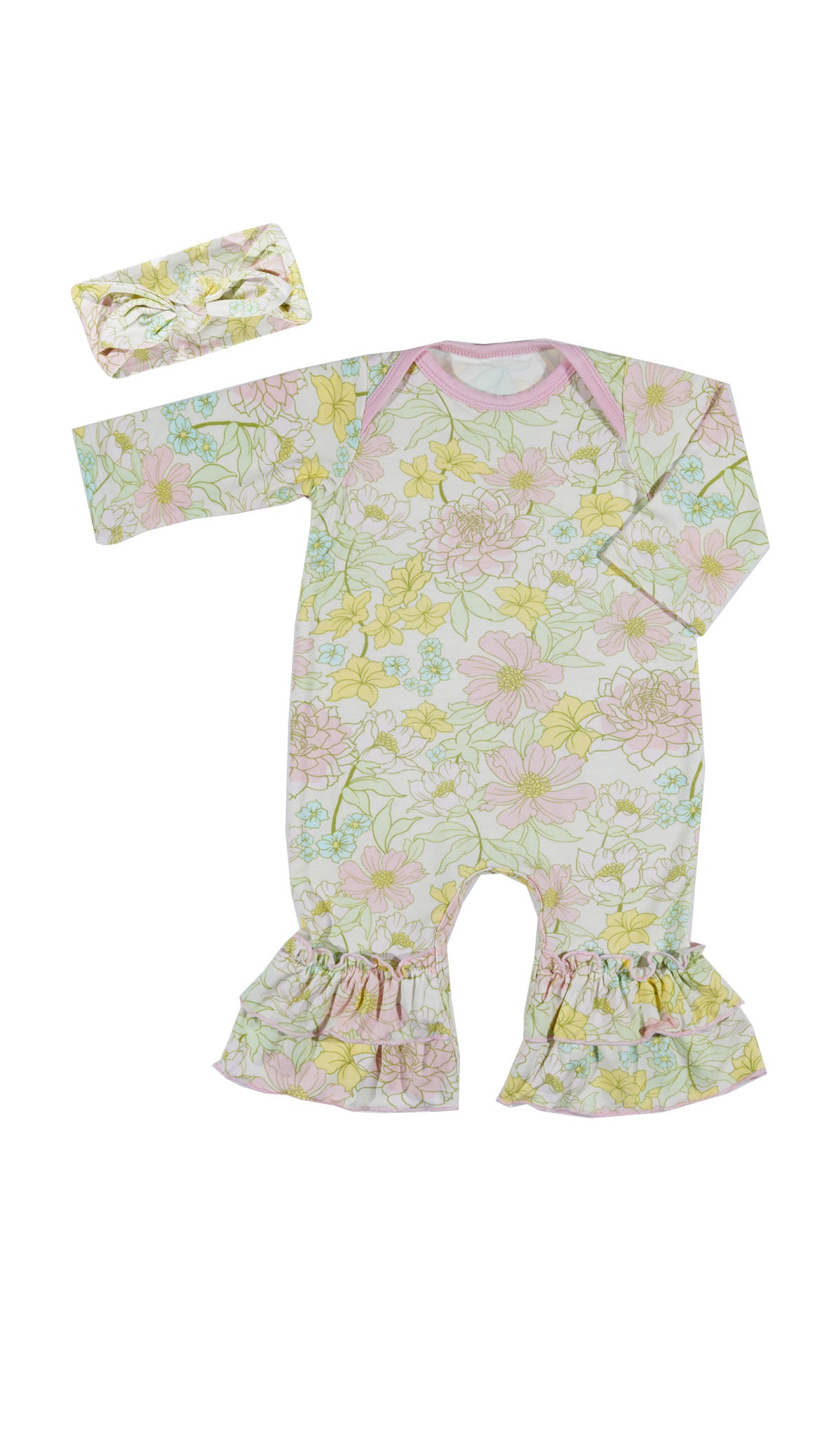 Begonia Ruffle Romper 2-Piece. Flat shot of long sleeve romper with ruffles on legs and matching headwrap.
