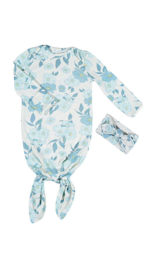 Periwinkle Knotted Gown 2-Piece flat shot showing long sleeve baby gown with hem tied into a tie-knot bow and matching headwrap.