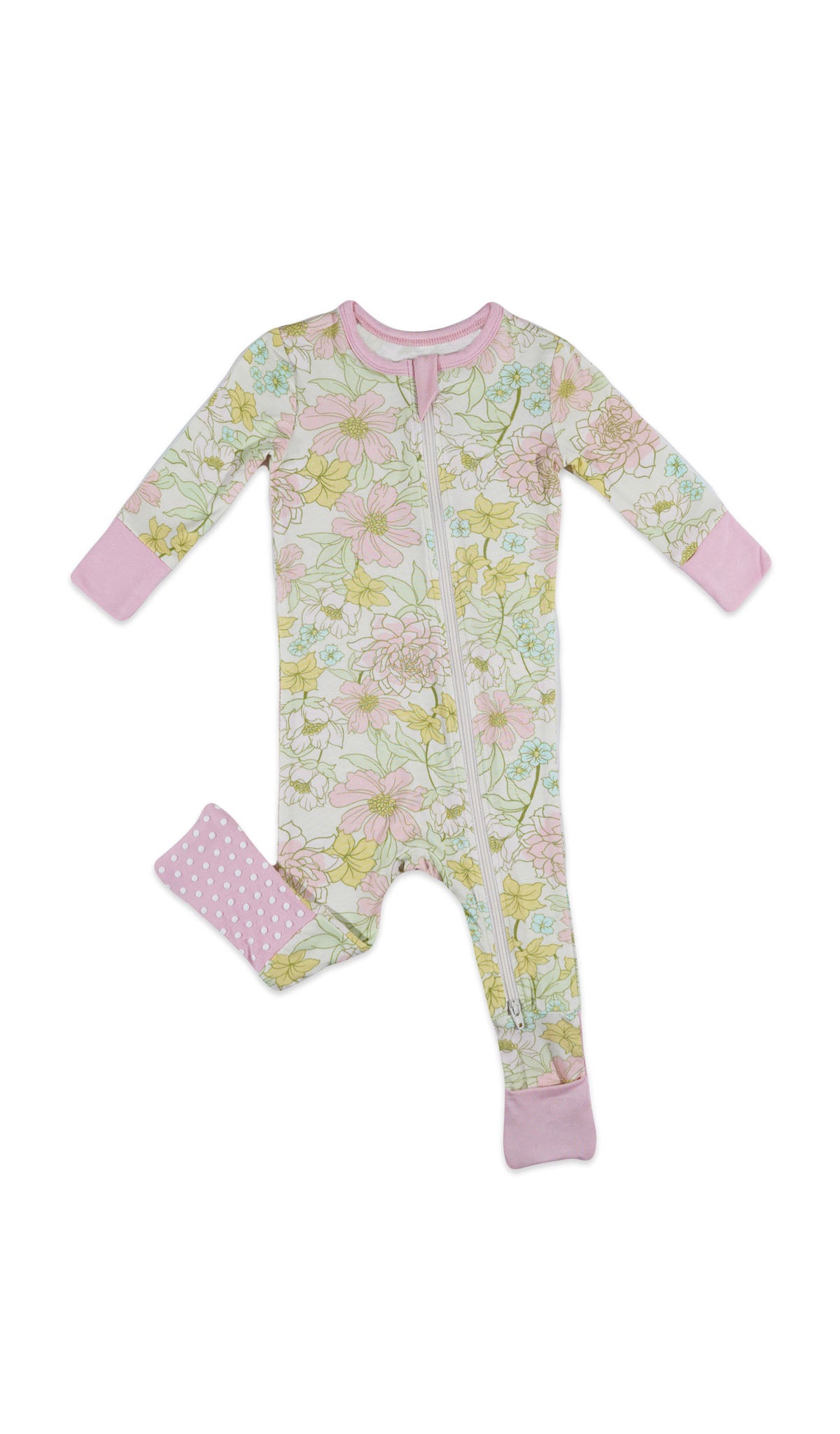 Begonia Convertible Romper with long sleeves and zip front, one leg folded back to show the grippy sole on the footie.