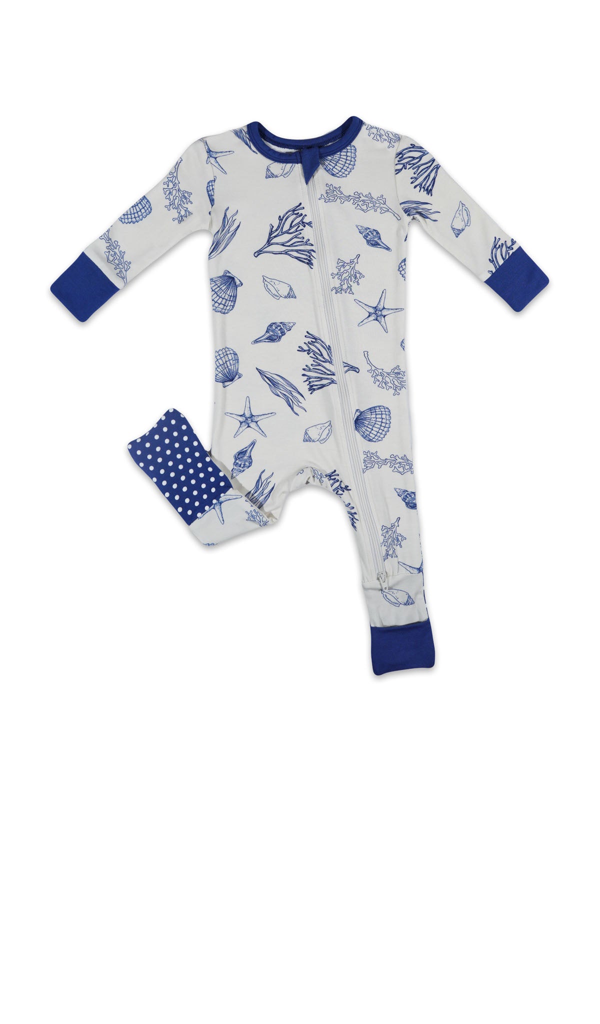 Coastal Convertible Romper with long sleeves and zip front, one leg folded back to show the grippy sole on the footie.