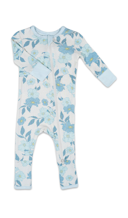 Periwinkle Convertible Romper with long sleeves and zip front.