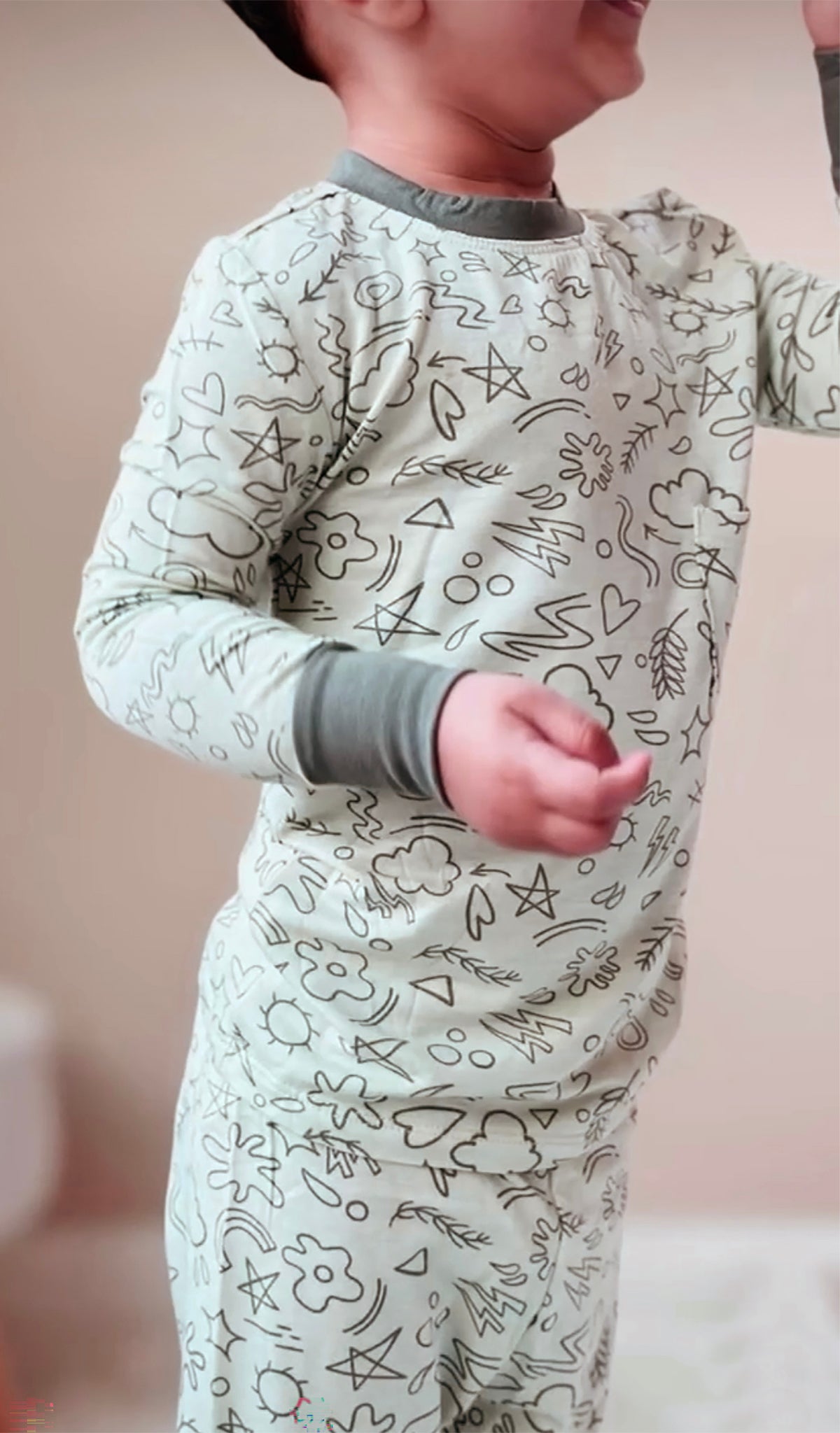 Sage Doodle Emerson 2-Piece Pant PJ worn by little boy.