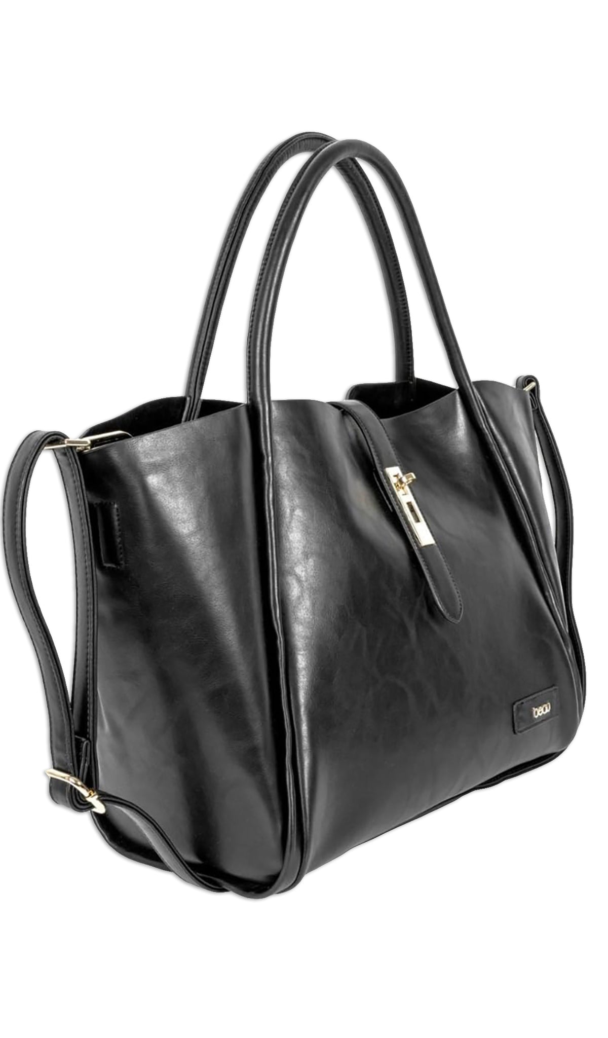 Caris Diaper Bag in black side view showing detachable shoulder strap.