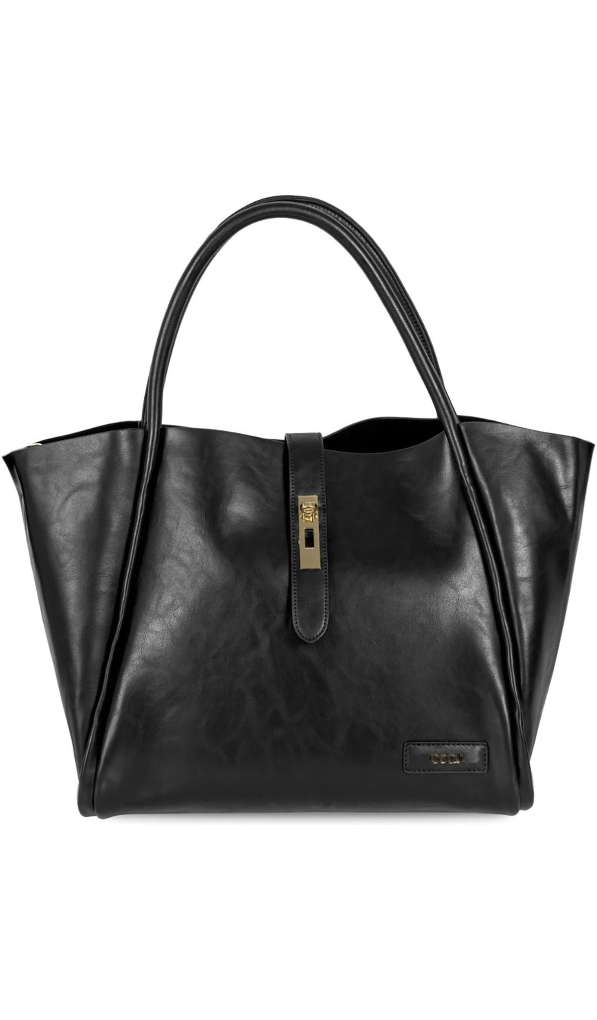 Caris Diaper Bag in black showing front view of bag with toggle clasp.