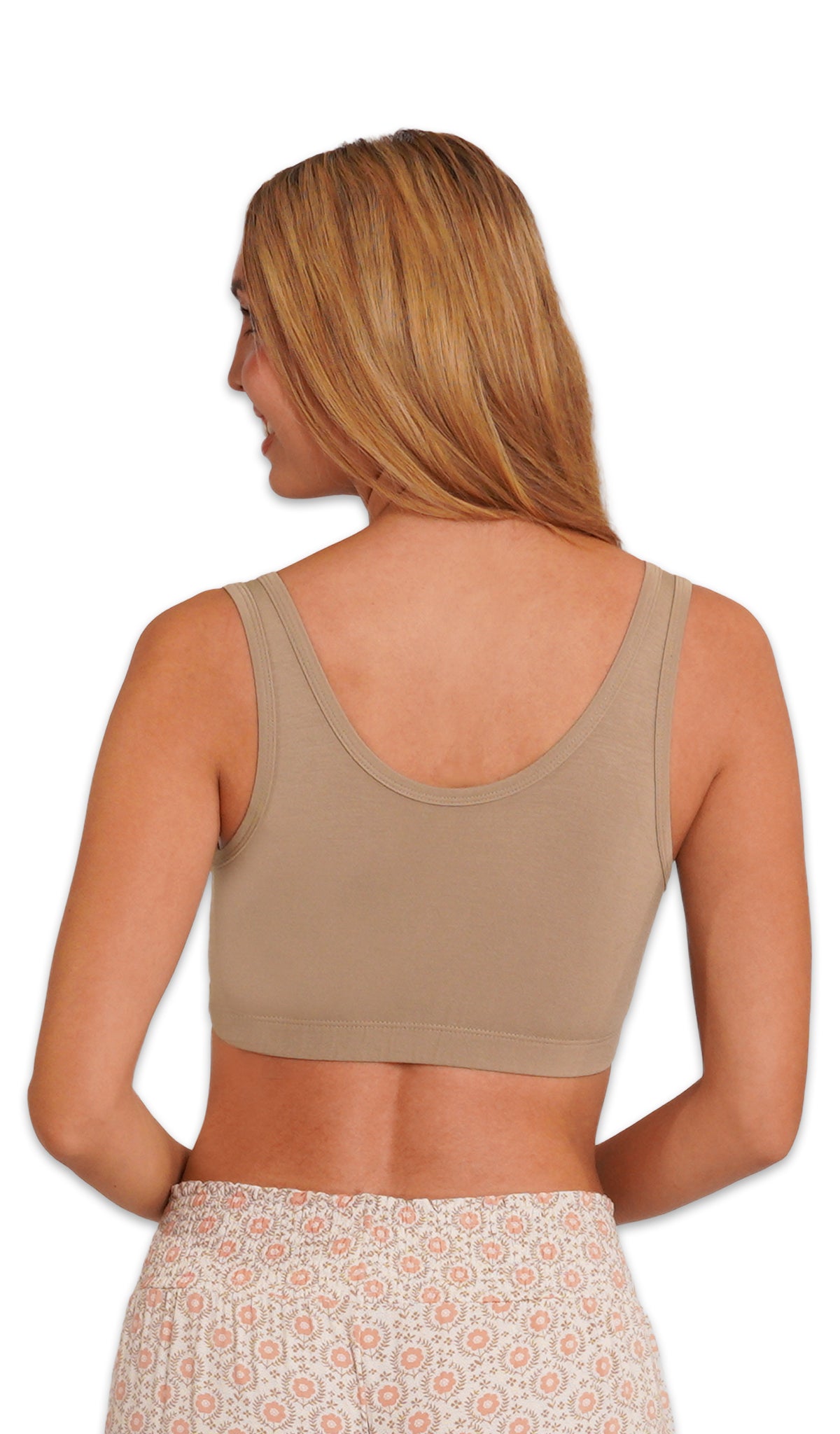 Cottage Floral Paisley 3-Pack. Detail back shot of woman wearing solid Latte nursing bra and printed pant.