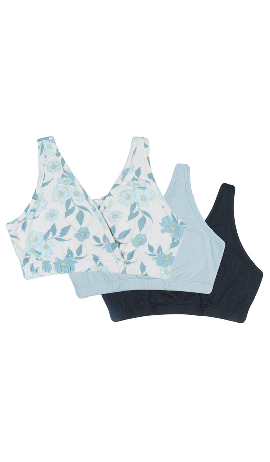 Periwinkle Paisley 3-Pack flat shot of Periwinkle bra, Whispering Blue bra, and Black bra.