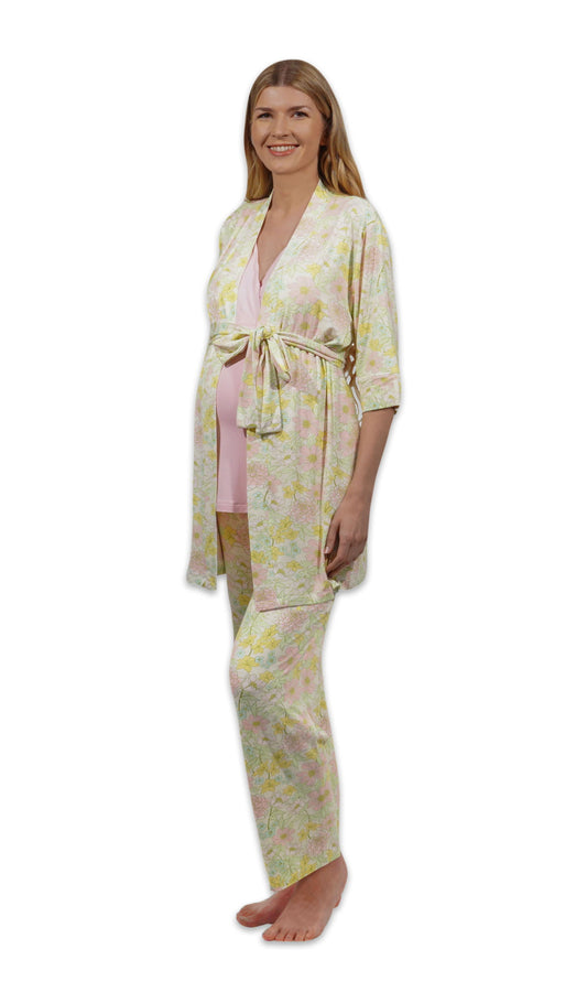 Begonia Analise 3-Piece Set. Pregnant woman wearing 3/4 sleeve robe, tank top and pant with hand resting at side.