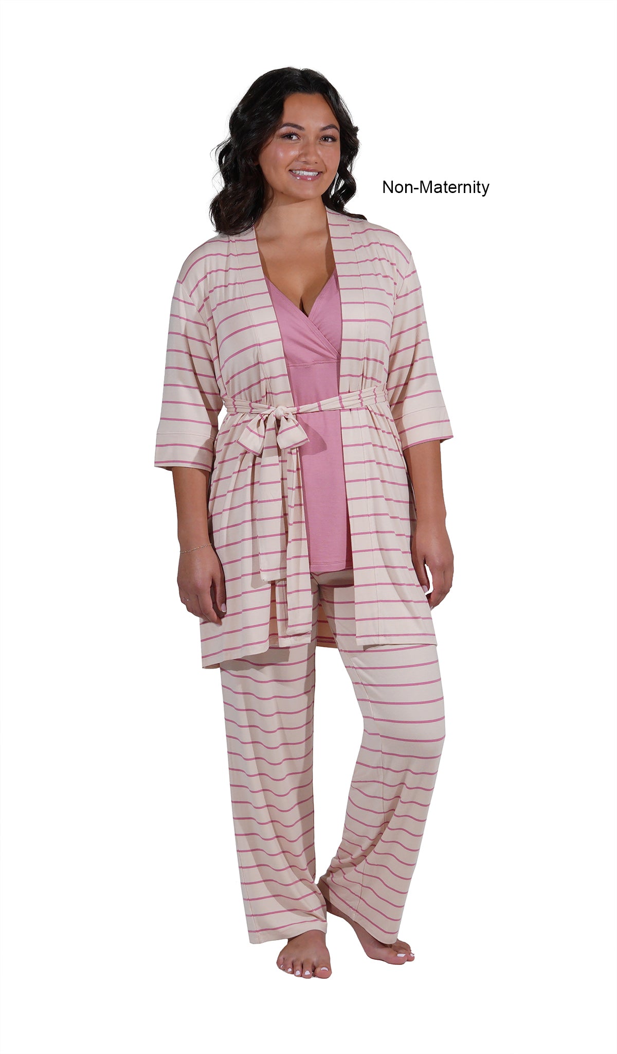Pink Stripe Analise 3-Piece Set. Woman wearing 3/4 sleeve robe, tank top and pant as non-maternity with one both arms down to side.