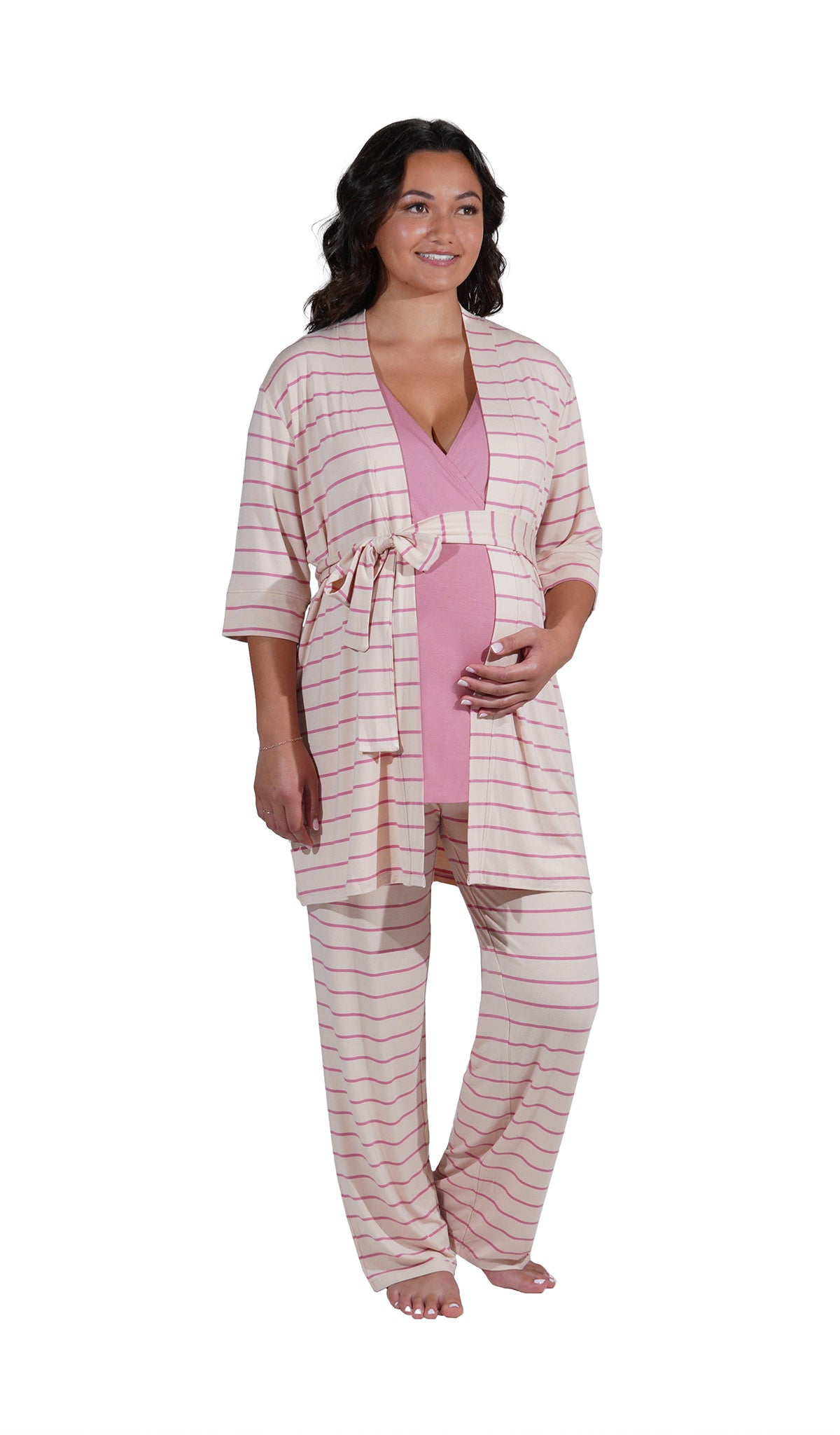 Pink Stripe Analise 3-Piece Set. Pregnant woman wearing 3/4 sleeve robe, tank top and pant with one hand under belly.