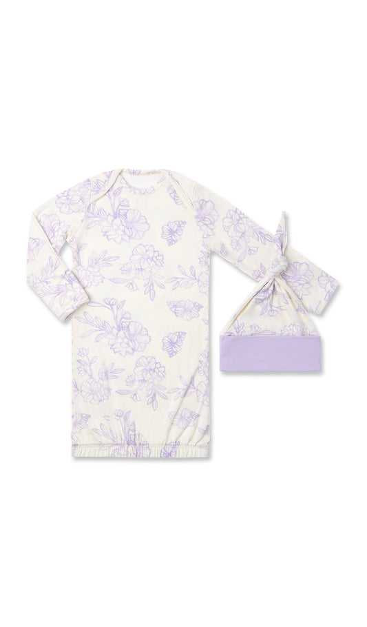 Bali Gown 2-Piece flat shot of baby gown and hat.