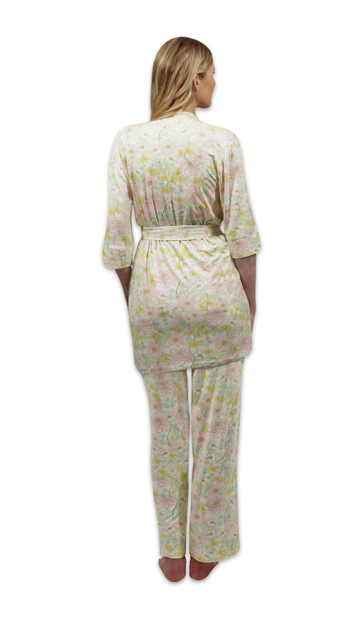 Begonia Analise 3-Piece Set, back shot of woman wearing robe and pant.