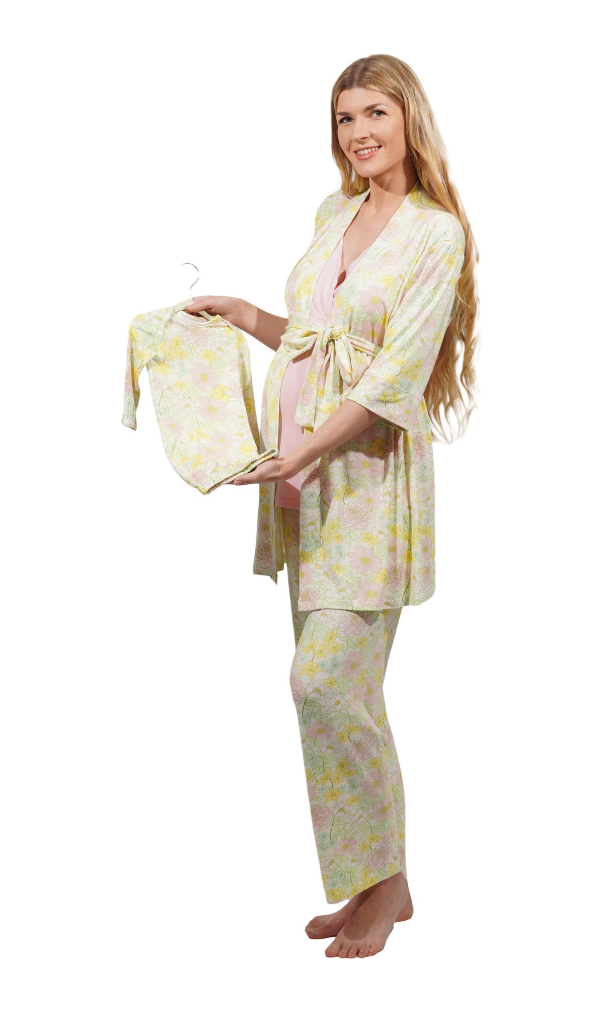 Begonia Analise 5-Piece Set. Pregnant woman wearing 3/4 sleeve robe, tank top and pant while holding a baby gown on hanger.