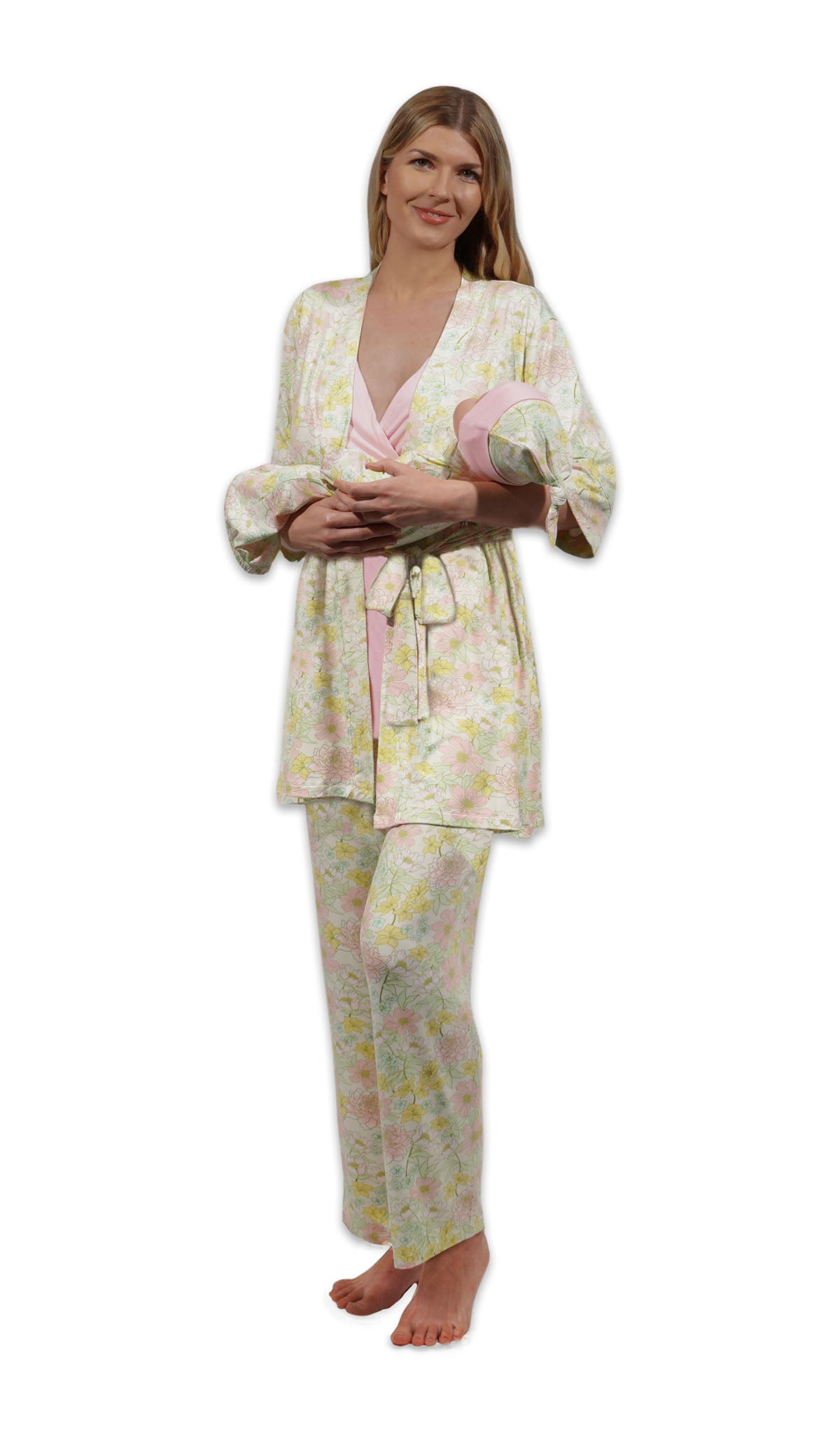 Begonia Analise 5-Piece Set. Woman wearing 3/4 sleeve robe, tank top and pant while holding a baby wearing baby gown and knotted baby hat.