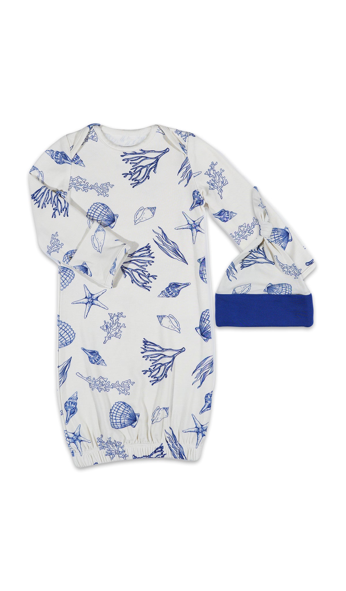 Coastal Analise 5-Piece Set, gown and knotted hat for baby.