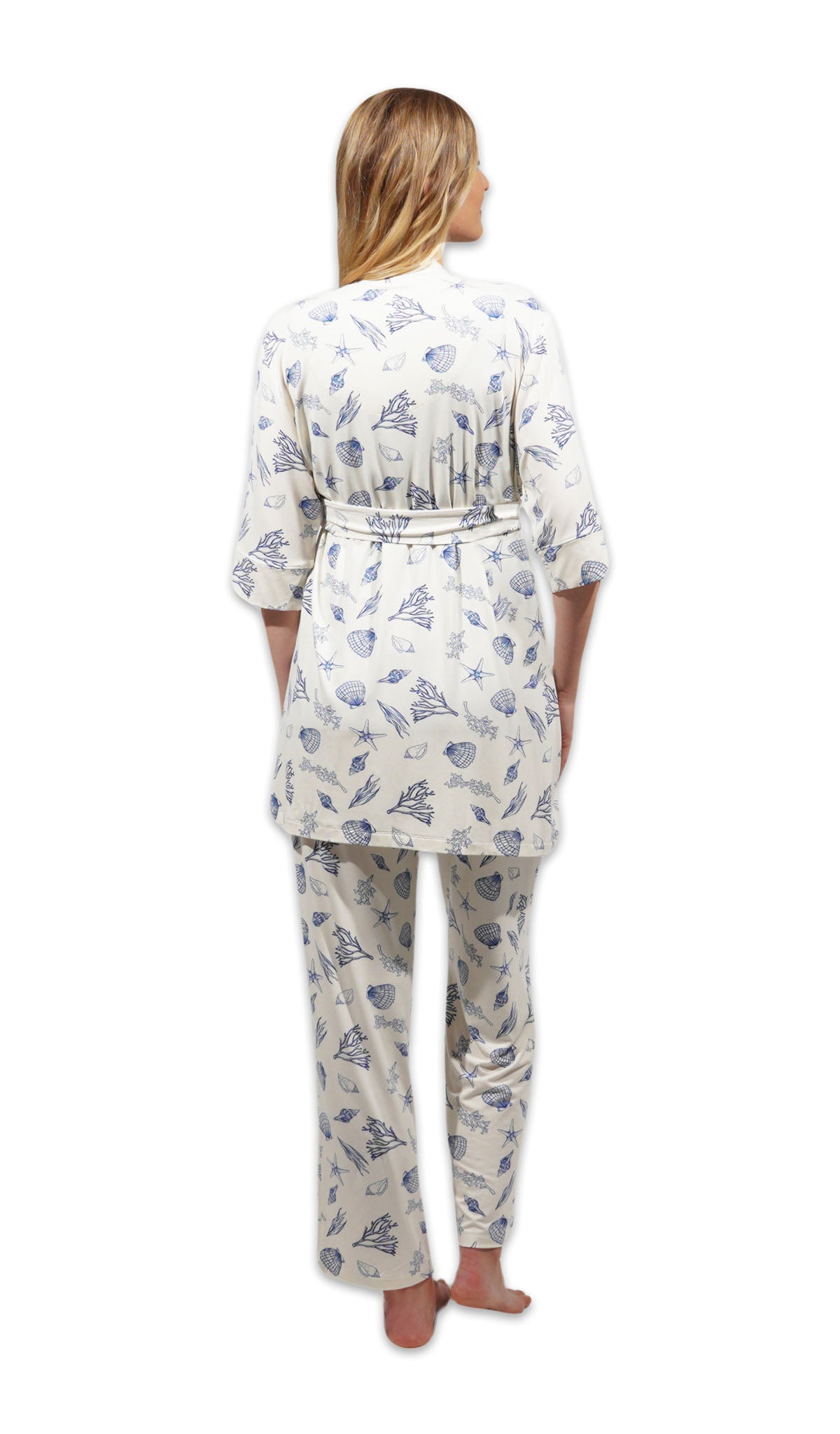 Coastal Analise 3-Piece Set, back shot of woman wearing robe and pant.