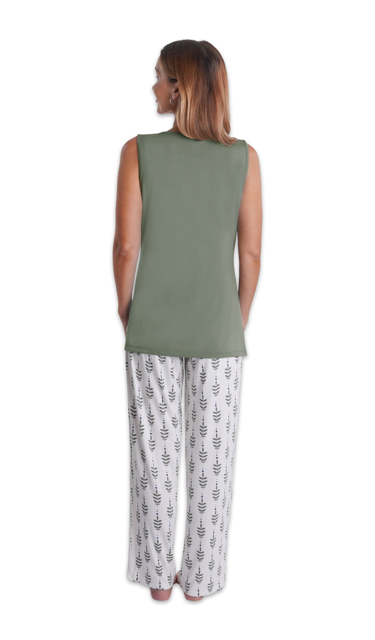 Eucalyptus Analise 5-Piece Set, back shot of woman wearing tank top and pant.