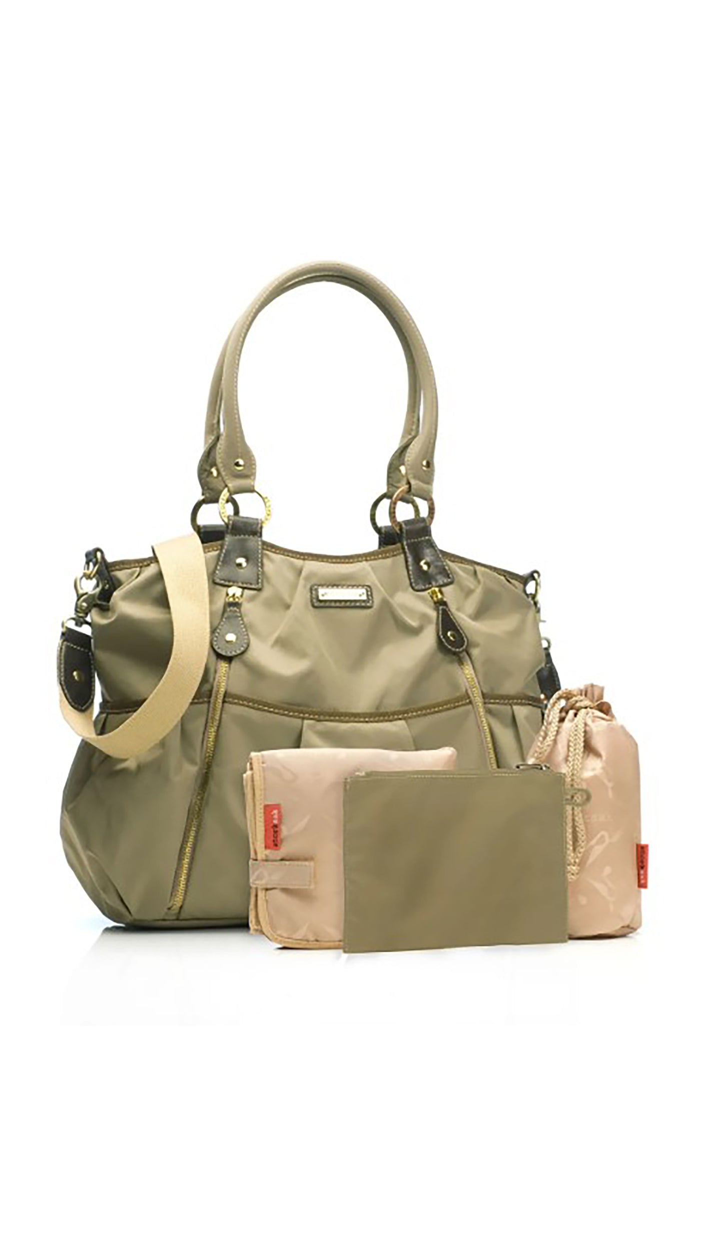 Storksak Olivia Diaper Bag with coordinating changing mat, make-up bag, and bottle holder.