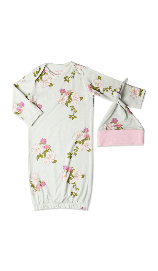 Peony Gown 2 Piece Set, gown and knotted hat for baby.
