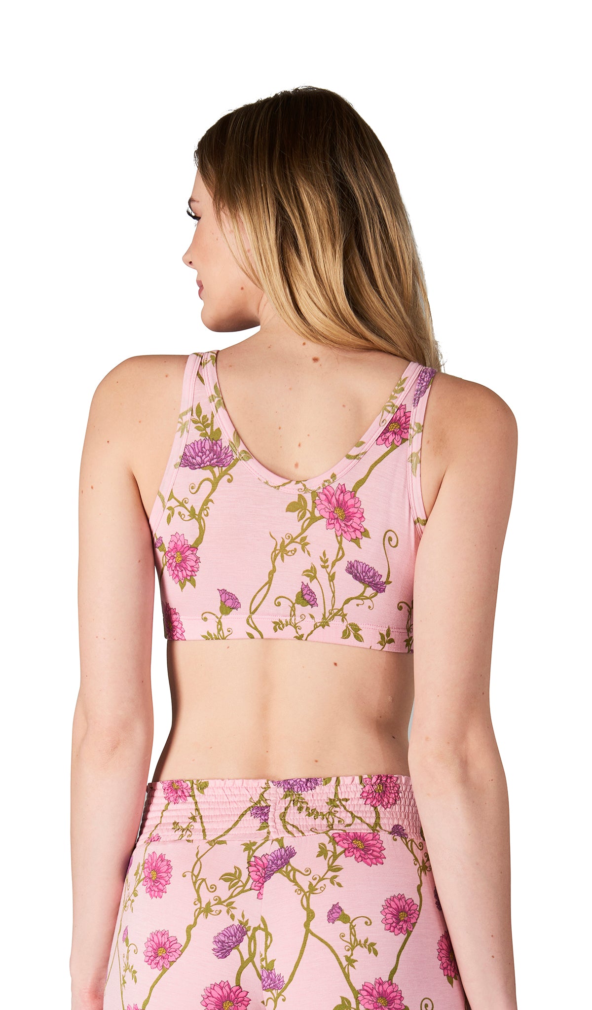 Dahlia Paisley 3-Pack. Detail back shot of woman wearing Dahlia print bra and matching pant.