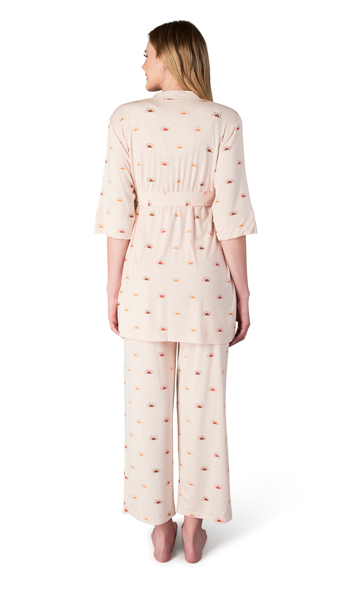 Sunrise Analise 3-Piece Set, back shot of woman wearing robe and pant.
