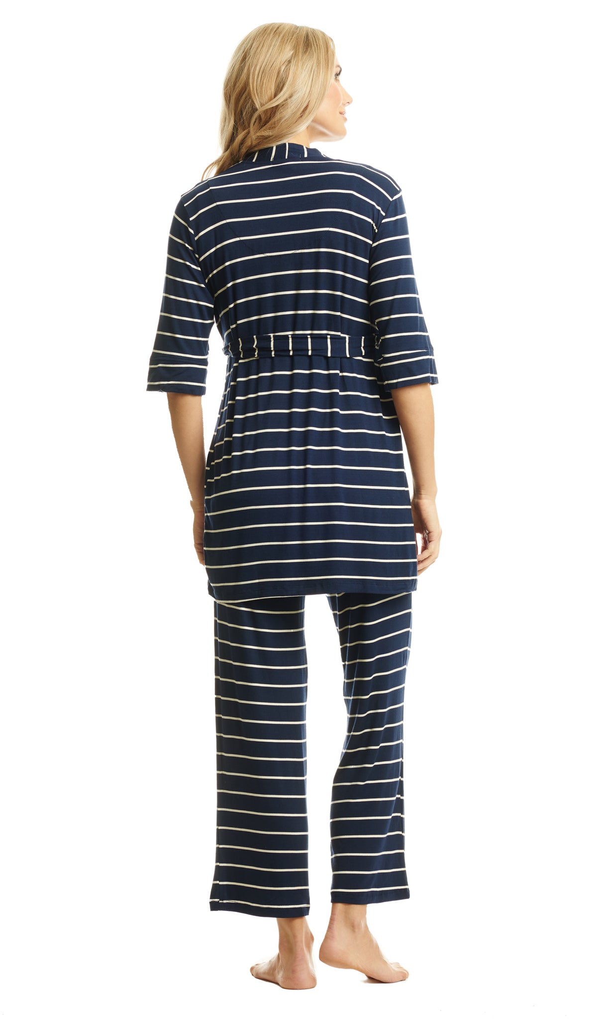Navy Analise 5-Piece Set, back shot of woman wearing robe and pant.