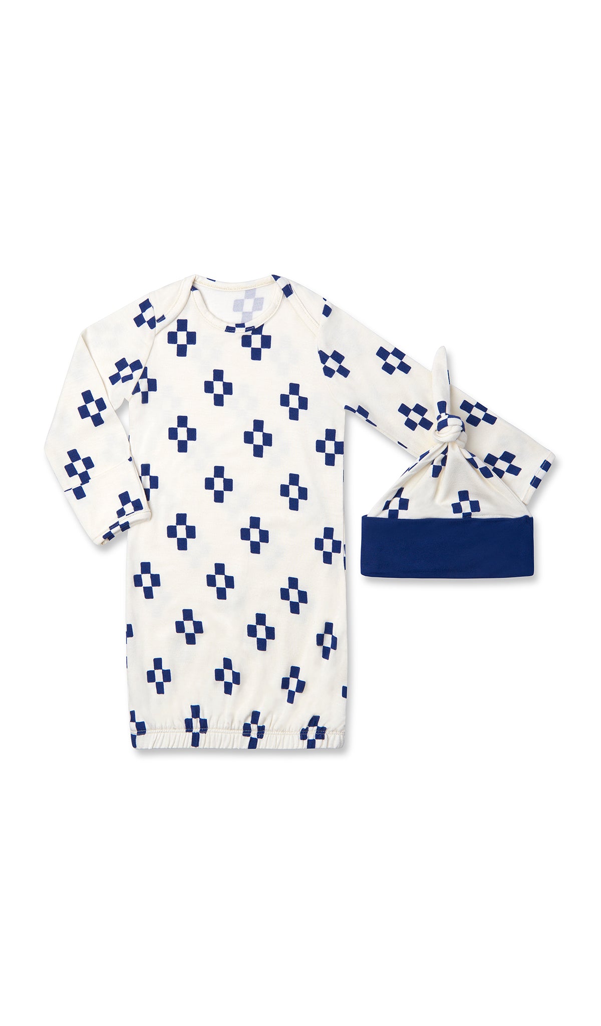 Geo Analise 5-Piece Set. Woman wearing 3/4 sleeve robe, tank top and pant while holding a baby wearing baby gown and knotted baby hat.