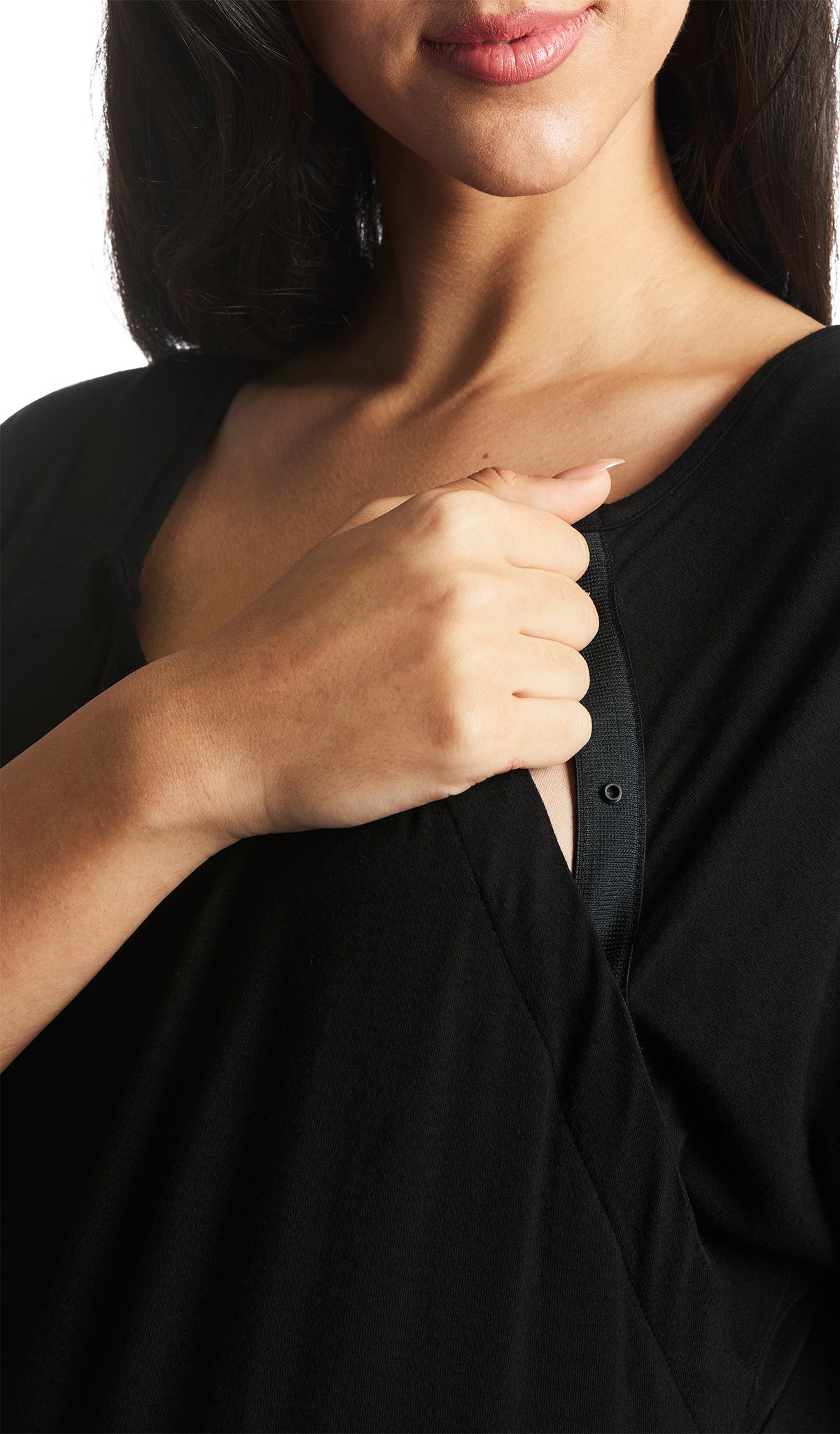 Black Rosa hospital gown, detailed shot of nursing access through snap opening.