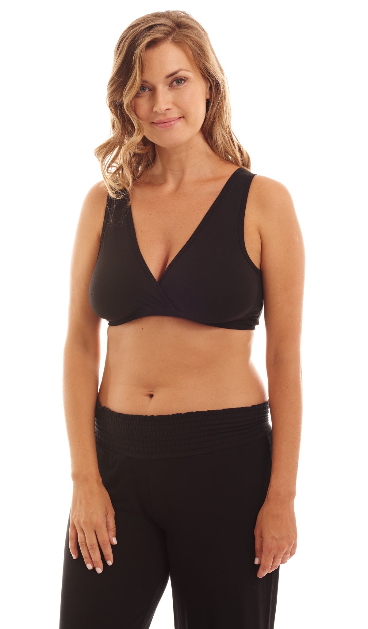 Dahlia Paisley 3-Pack. Detail shot of woman wearing solid black nursing bra.