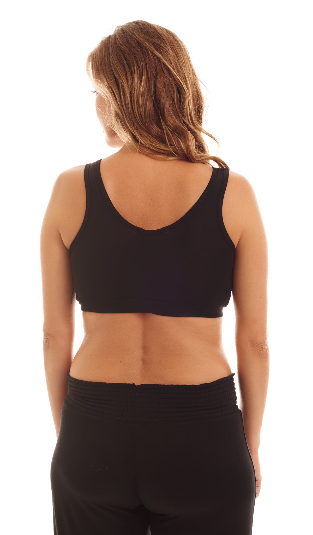 Hearts Paisley 3-Pack. Detail back shot of woman wearing solid black nursing bra.