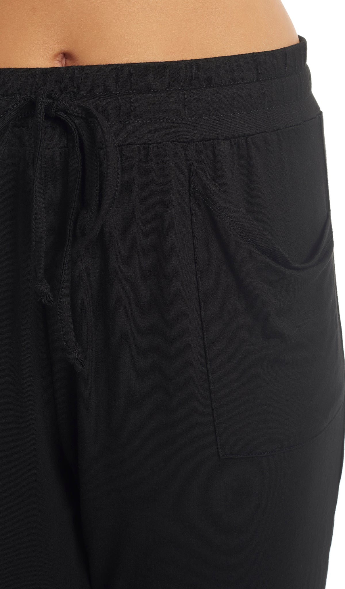 Black Carmen Jogger front pocket and drawstring detail.