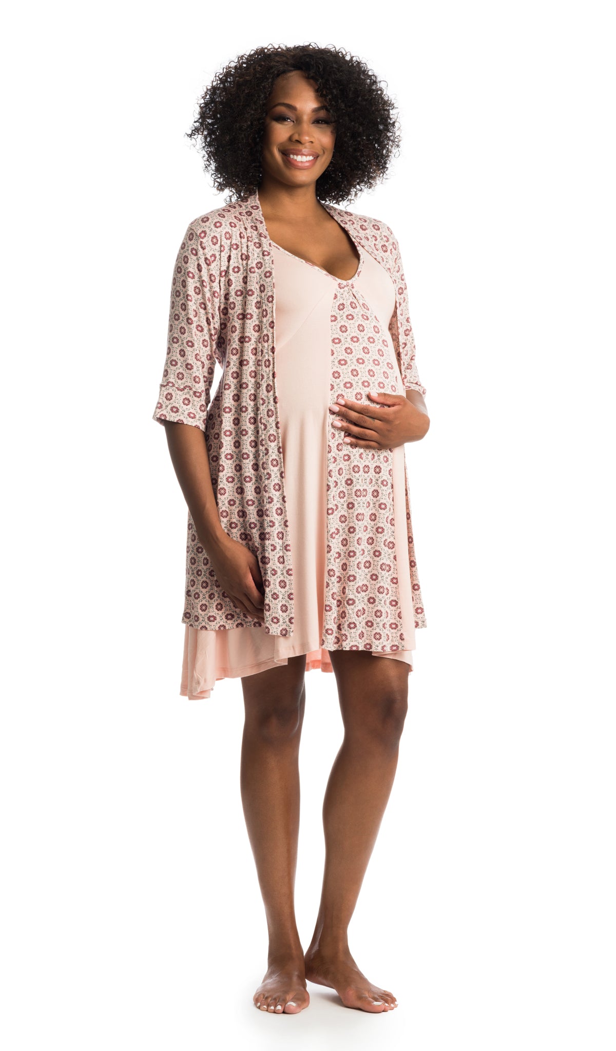 Pink Blush Dawn Chemise/Robe worn by pregnant woman with one hand on her belly.