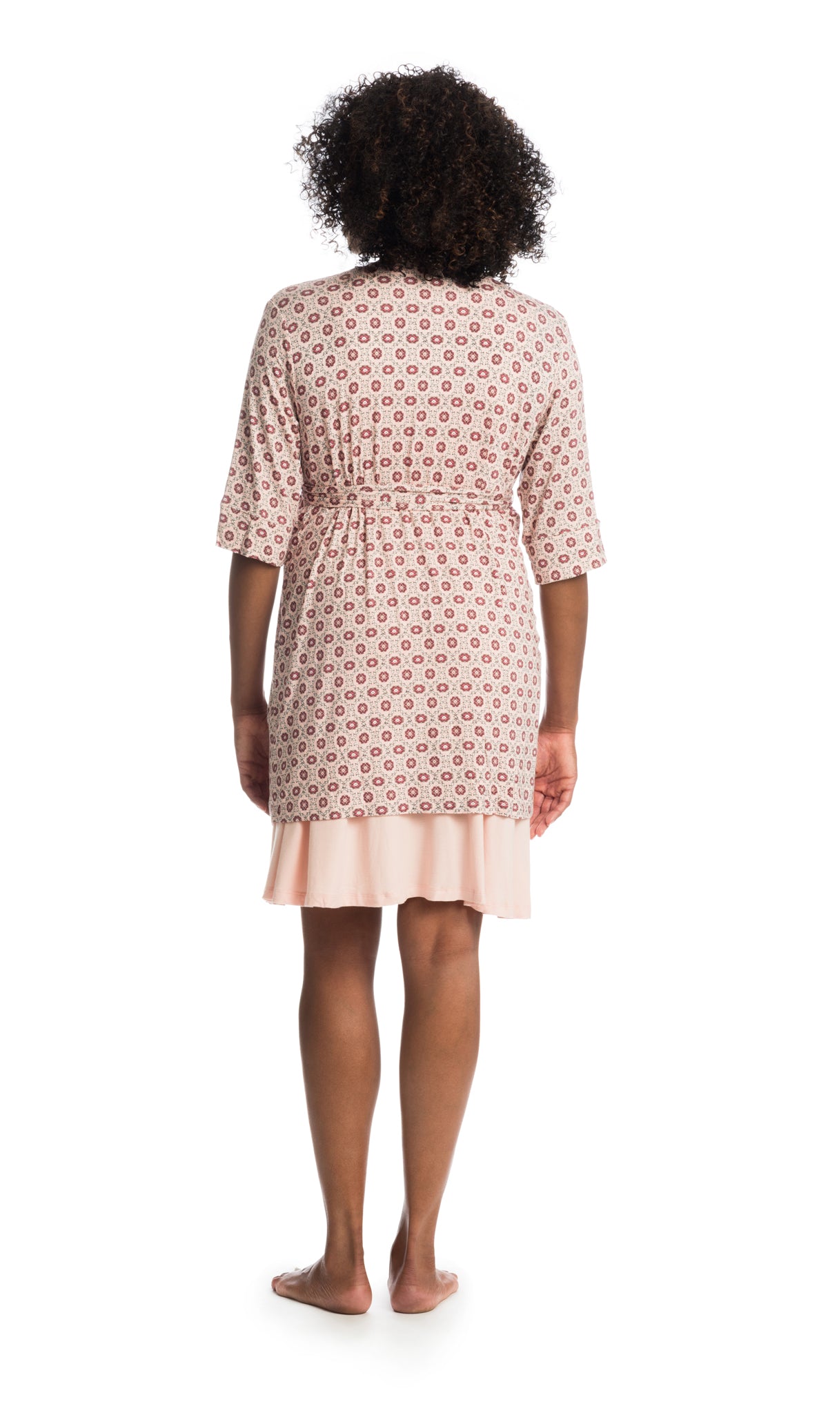 Pink Blush Dawn Chemise/Robe. Back shot view of woman wearing robe layered over chemise.