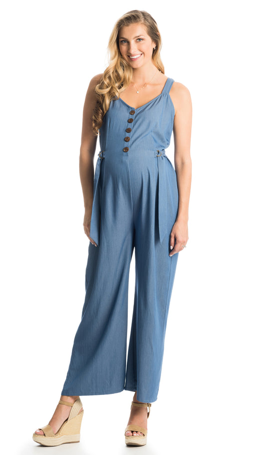 Blue Luciana romper worn by pregnant woman with wedge heels.
