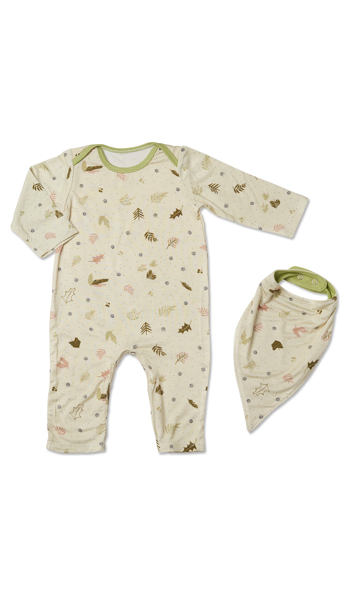 Nature Romper 2-Piece flat shot of long sleeve romper with matching bib.