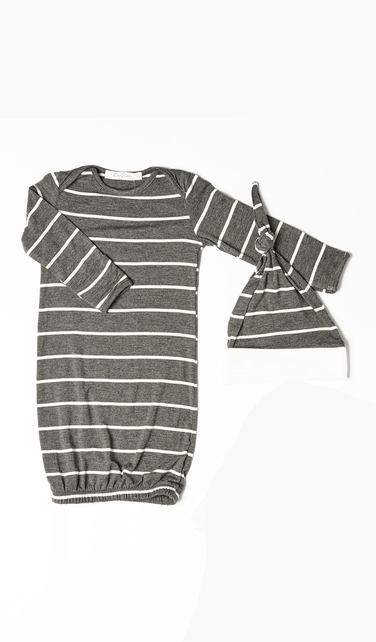 Charcoal Gown 2-Piece with long sleeve baby gown and matching knotted hat.