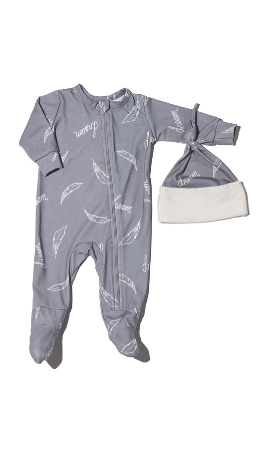 Dream Footie 2-Piece with long sleeves, zip front and matching knotted baby hat.